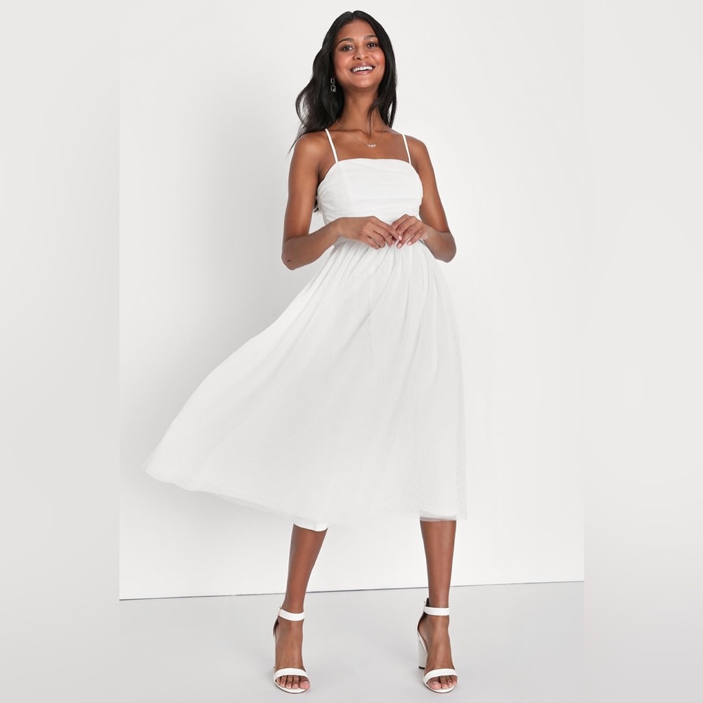 Lulus-Darling Sweetheart White Swiss Dot Ruched Midi Dress - Picture 1 of 5